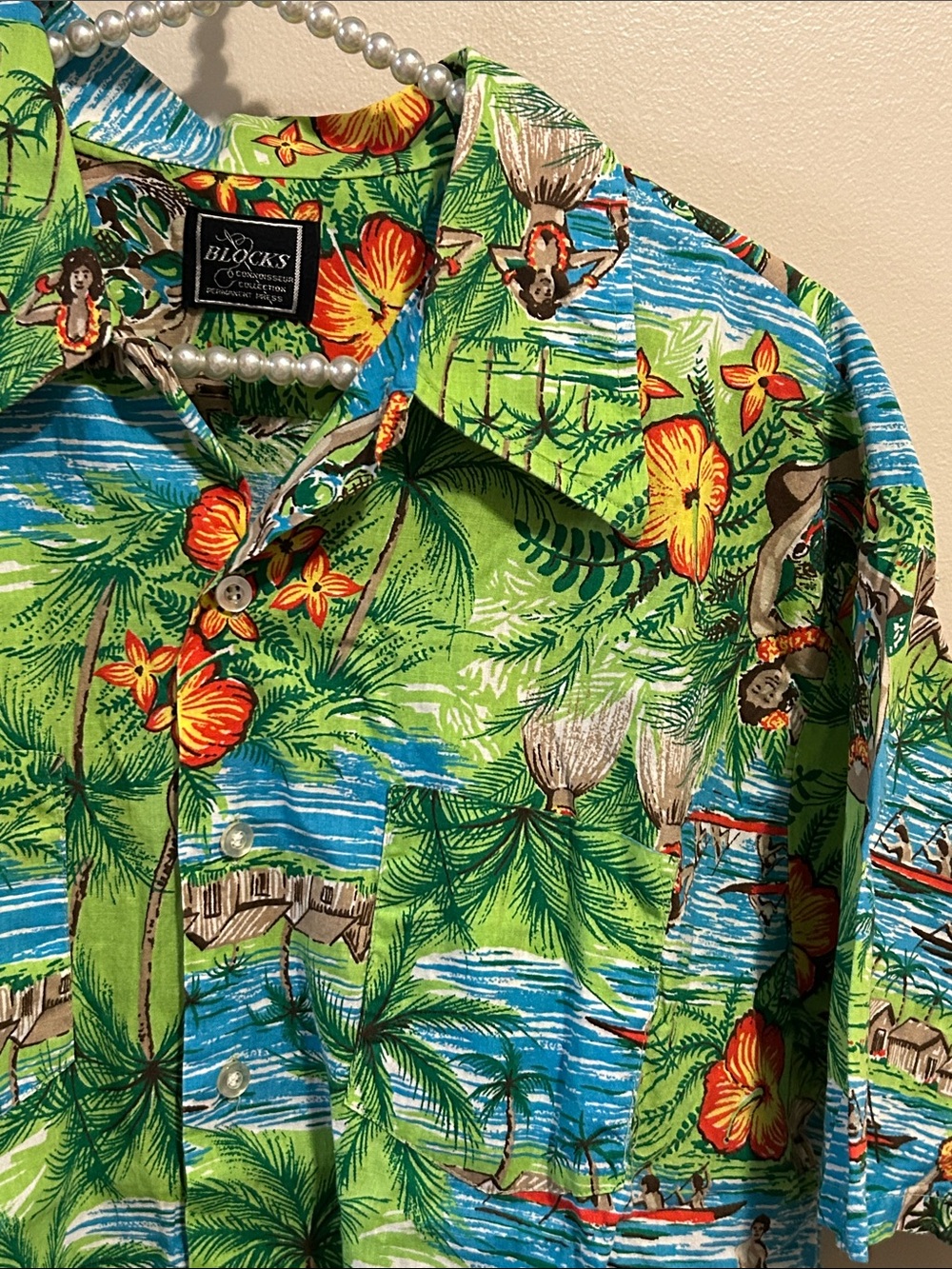 Vtg 70s Blocks Connoisseur Hawaiian Shirt Mens Hula Girl Permanent Press Green L